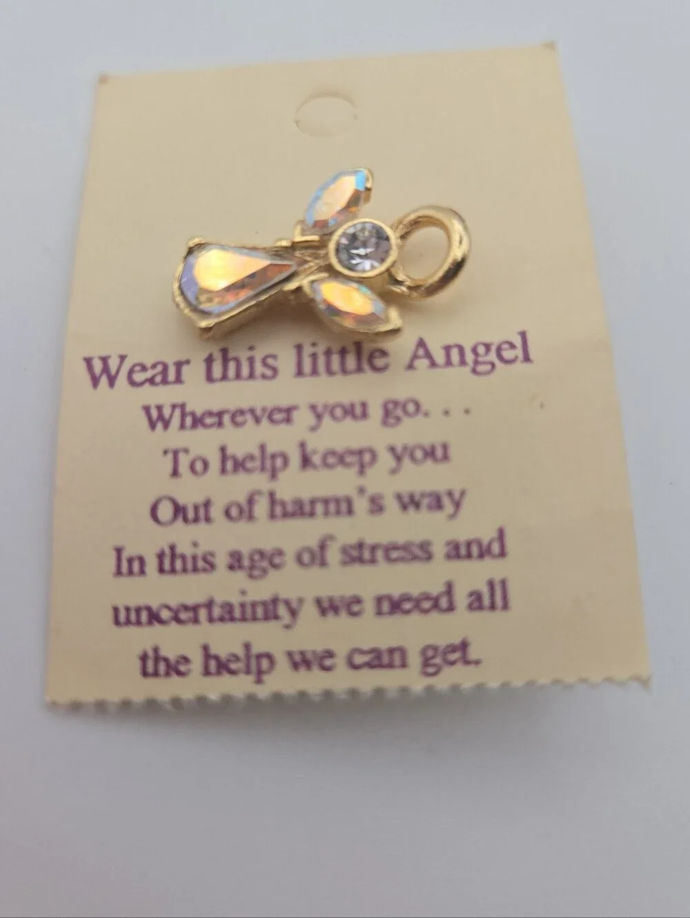 Vintage Little Angel Rhinestone Lapel Pin Gold Tone Aurora Borealis Crystal